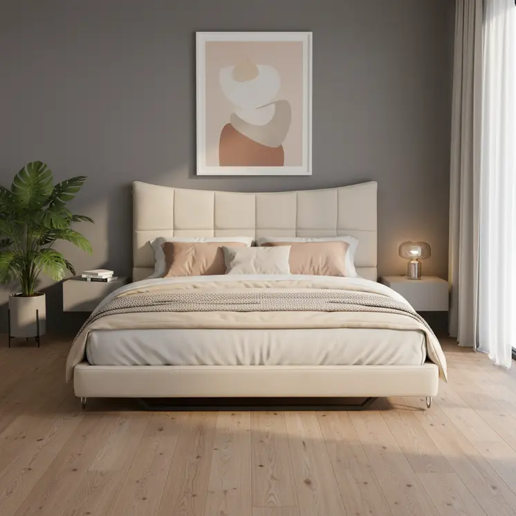 Beige Tufted Upholstered Full Bed Frame With LED Lighting And USB