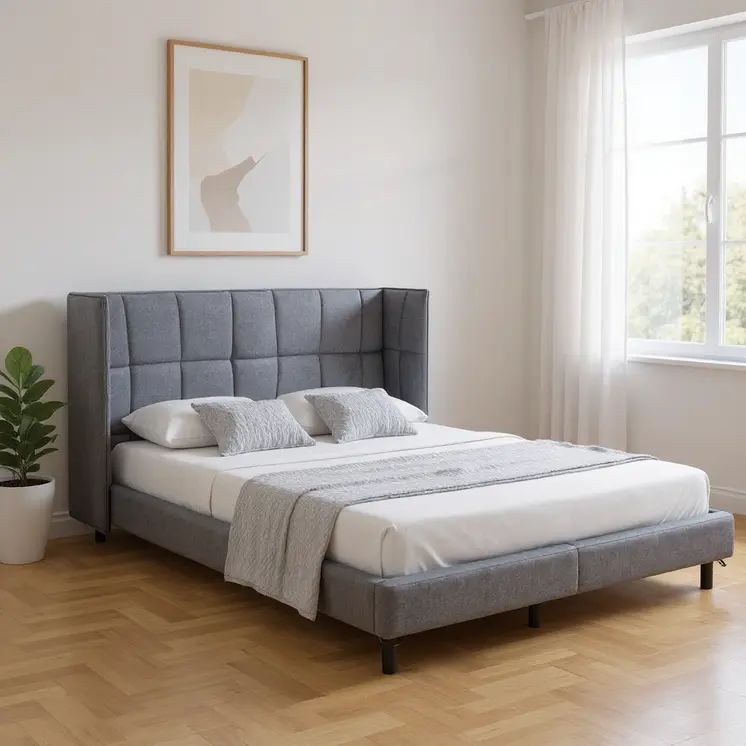 Gray Tufted Upholstered Queen Bed Frame With LED Lighting And USB