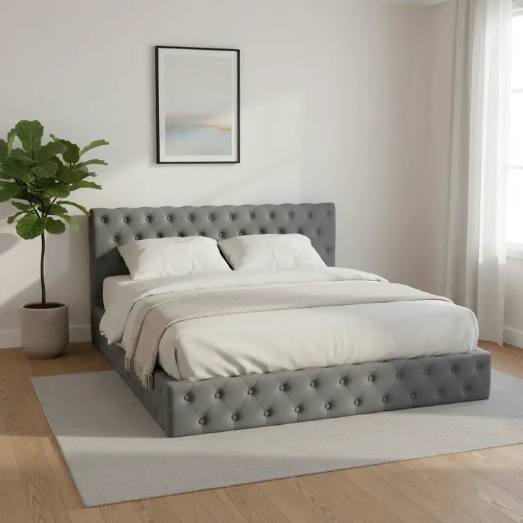 Gray Tufted Velvet Upholstered Queen Bed Frame