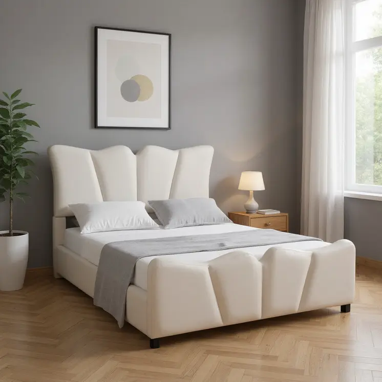 Beige Tufted Velvet Upholstered Full Bed Frame