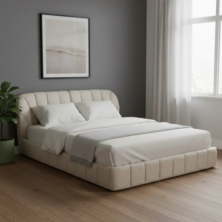 Beige Tufted Upholstered Queen Bed Frame