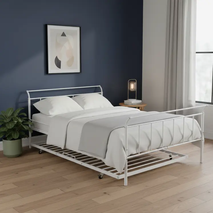 White Metal Full Day Bed With Trundle