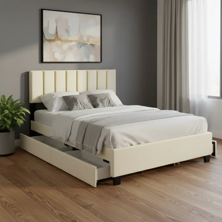 Beige Tufted Velvet Upholstered Queen Bed Frame With Trundle And Drawers