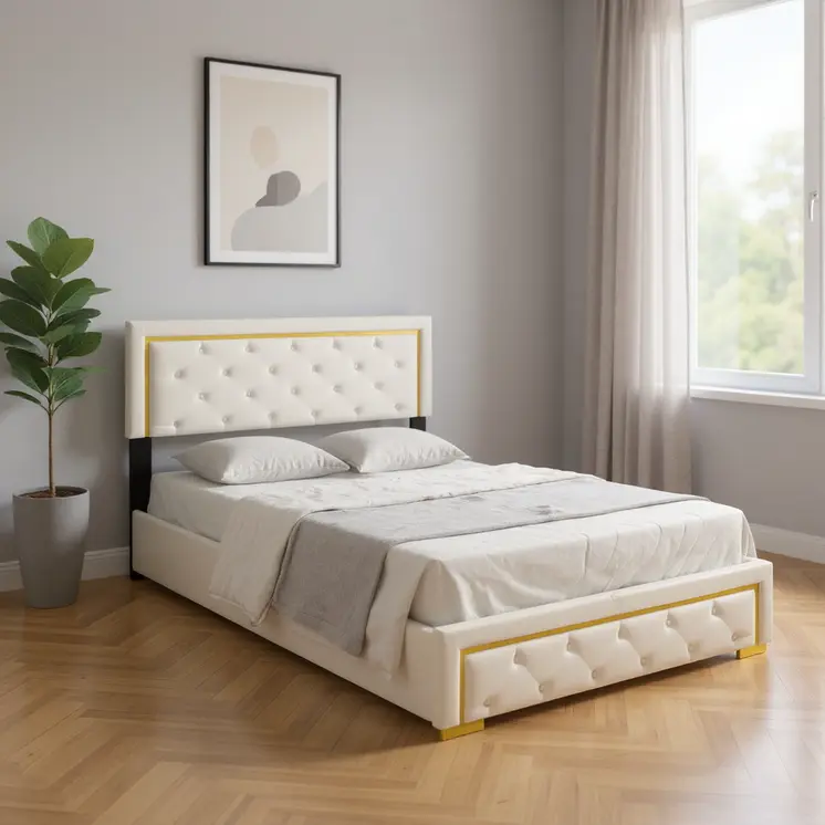 Beige Tufted Velvet Upholstered Queen Bed Frame