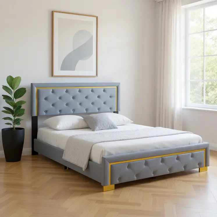 Gray Tufted Velvet Upholstered Queen Bed Frame