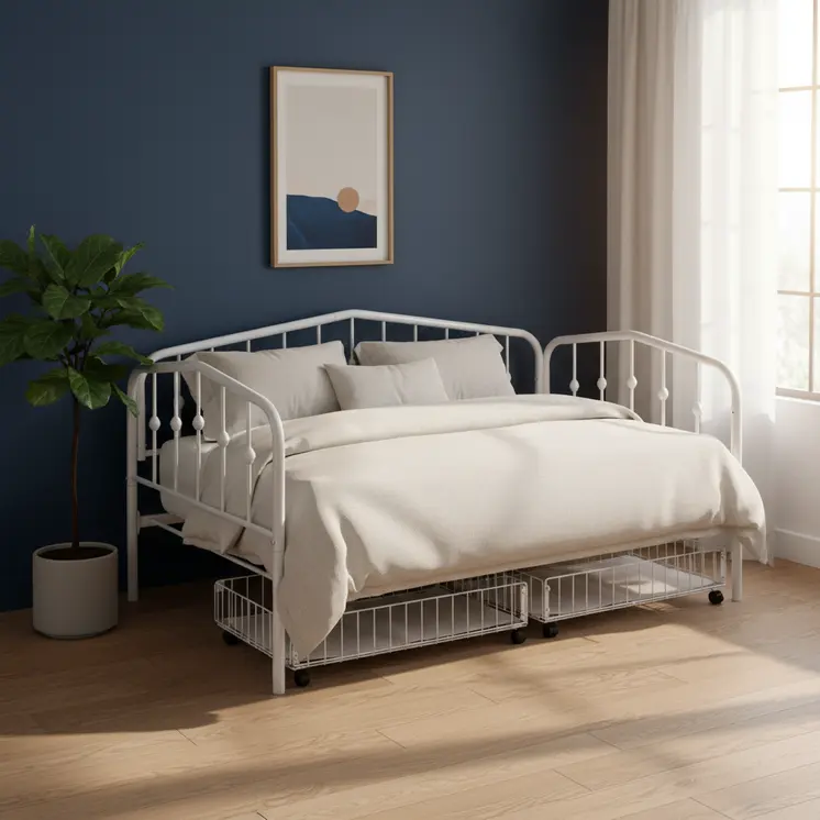 White Metal Twin Bed Frame With Drawers