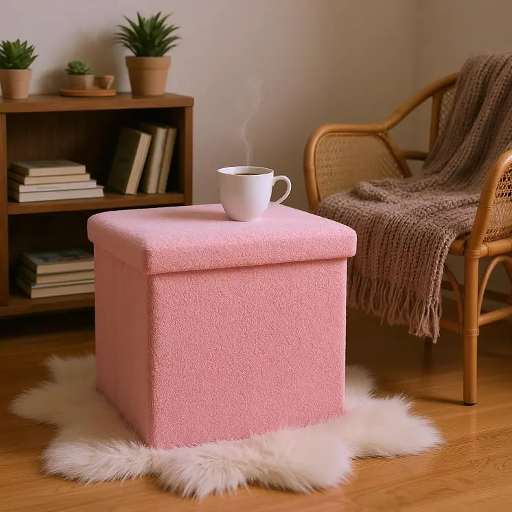 15" Pink Boucle Cube Storage Ottoman