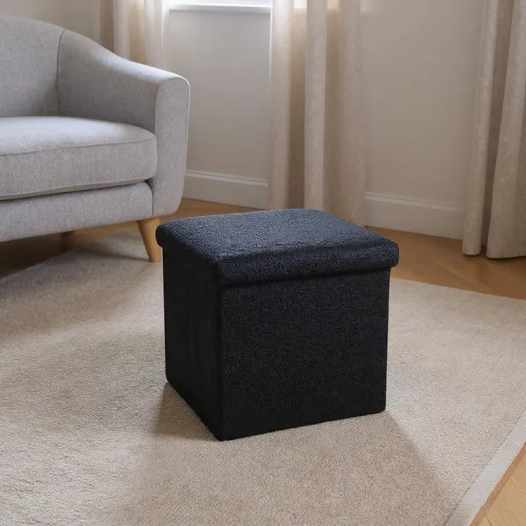 12" Black Boucle Cube Storage Ottoman