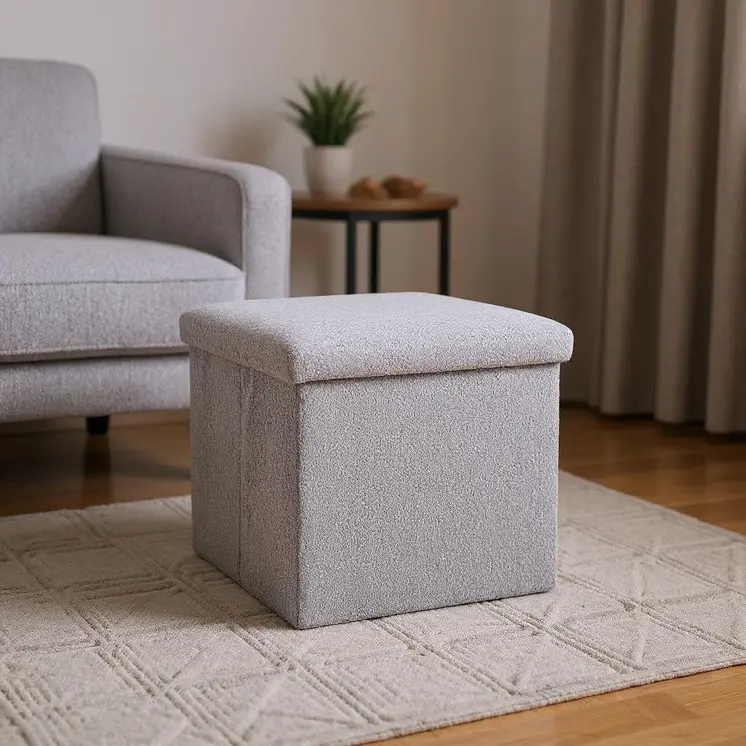 12" Gray Boucle Cube Storage Ottoman