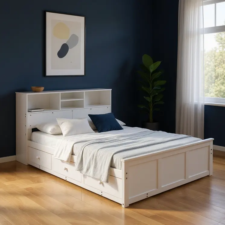 White Wood Full Bed Frame With Trundle And Drawers