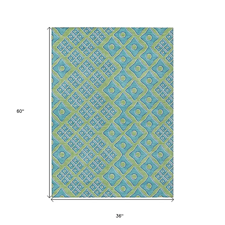 3' X 5' Artichoke Green And Aqua Geometric Washable Indoor Outdoor Area Rug