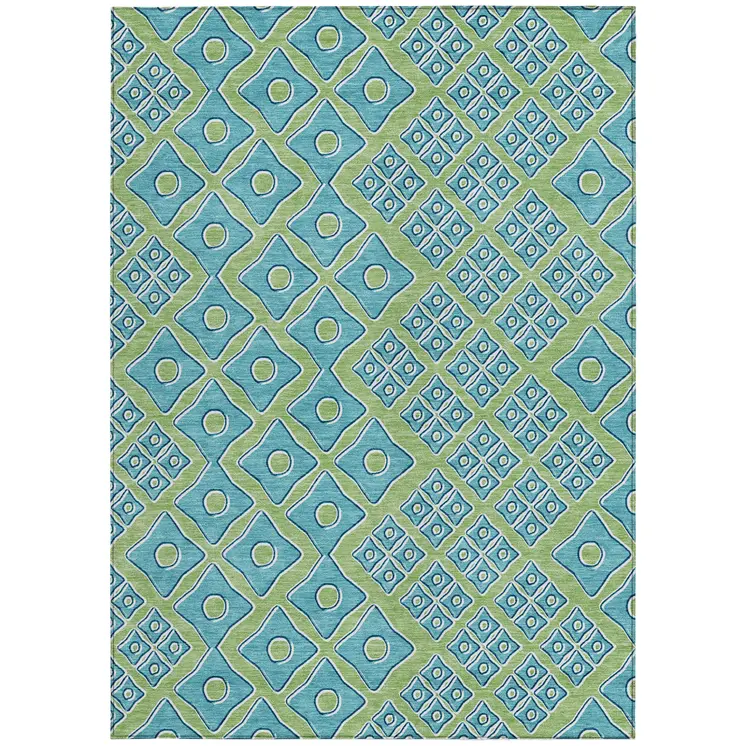 5' X 8' Artichoke Green And Aqua Geometric Washable Indoor Outdoor Area Rug
