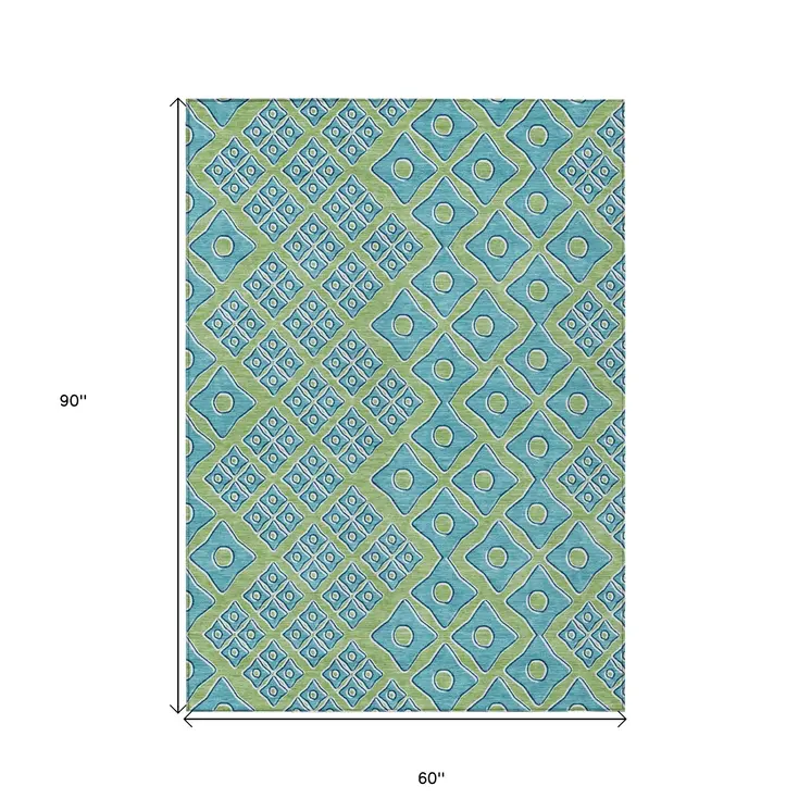 5' X 8' Artichoke Green And Aqua Geometric Washable Indoor Outdoor Area Rug