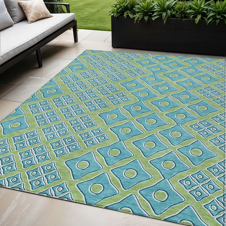 5' X 8' Artichoke Green And Aqua Geometric Washable Indoor Outdoor Area Rug