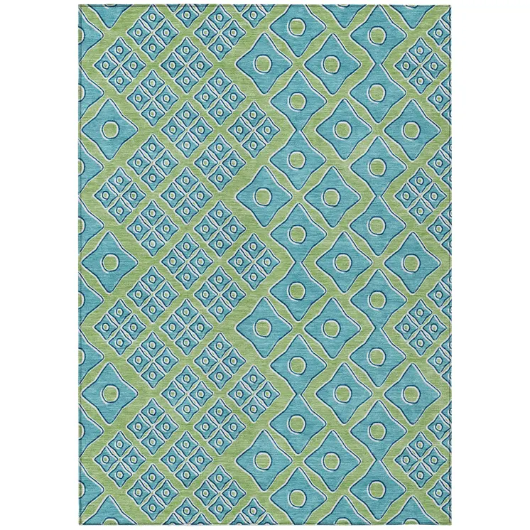 5' X 8' Artichoke Green And Aqua Geometric Washable Indoor Outdoor Area Rug