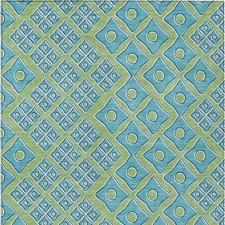 5' X 8' Artichoke Green And Aqua Geometric Washable Indoor Outdoor Area Rug