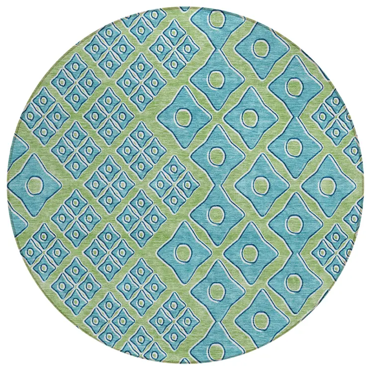 8' Artichoke Green And Aqua Round Geometric Washable Indoor Outdoor Area Rug