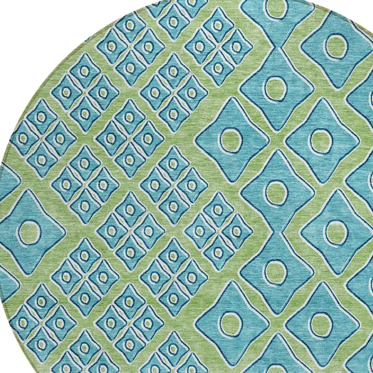 8' Artichoke Green And Aqua Round Geometric Washable Indoor Outdoor Area Rug