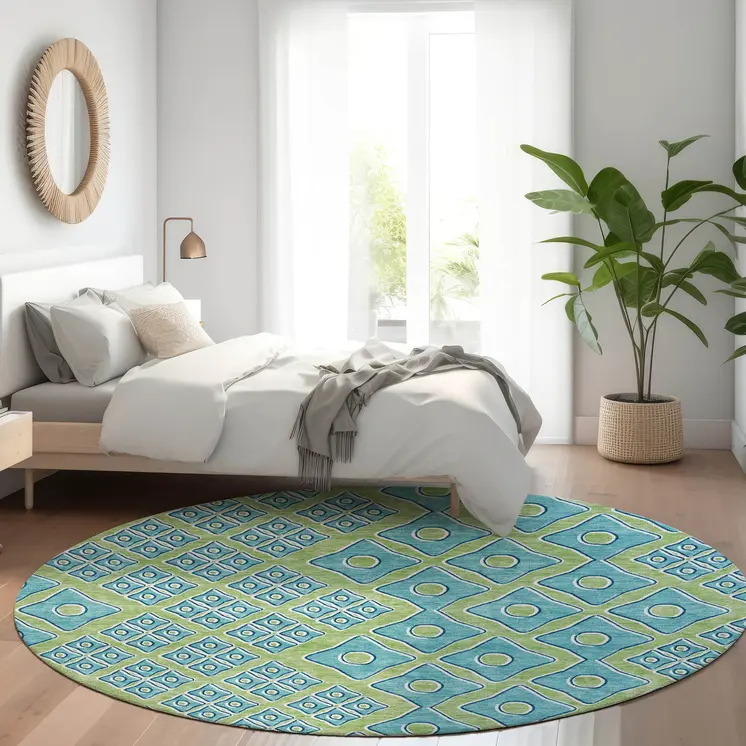 8' Artichoke Green And Aqua Round Geometric Washable Indoor Outdoor Area Rug