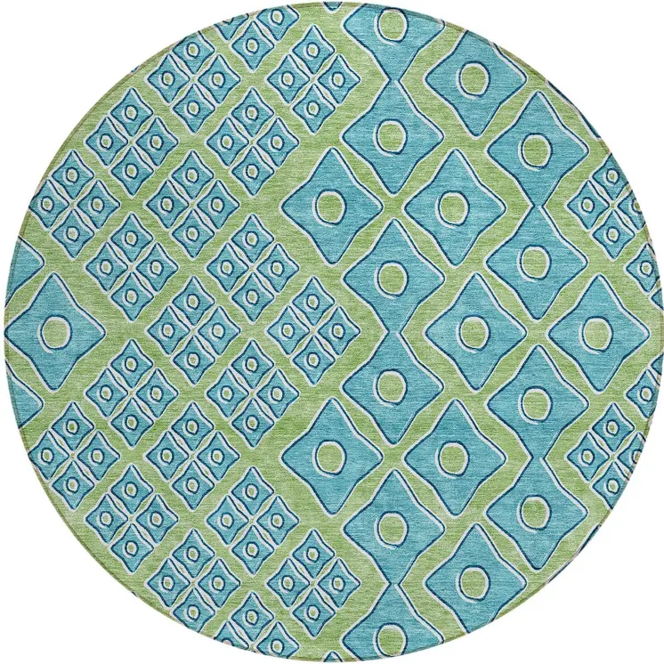 8' Artichoke Green And Aqua Round Geometric Washable Indoor Outdoor Area Rug