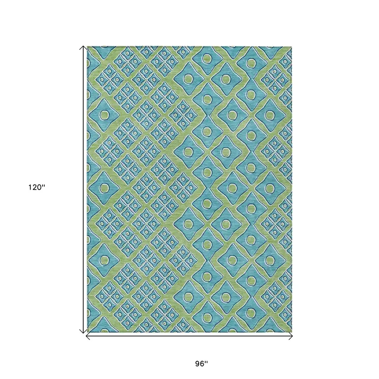 8' X 10' Artichoke Green And Aqua Geometric Washable Indoor Outdoor Area Rug