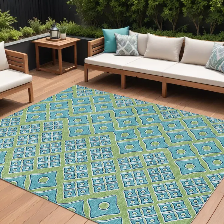 8' X 10' Artichoke Green And Aqua Geometric Washable Indoor Outdoor Area Rug