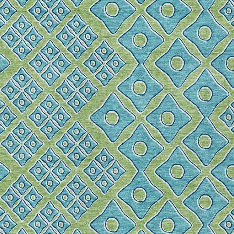8' X 10' Artichoke Green And Aqua Geometric Washable Indoor Outdoor Area Rug