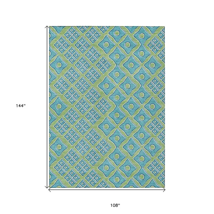 9' X 12' Artichoke Green And Aqua Geometric Washable Indoor Outdoor Area Rug