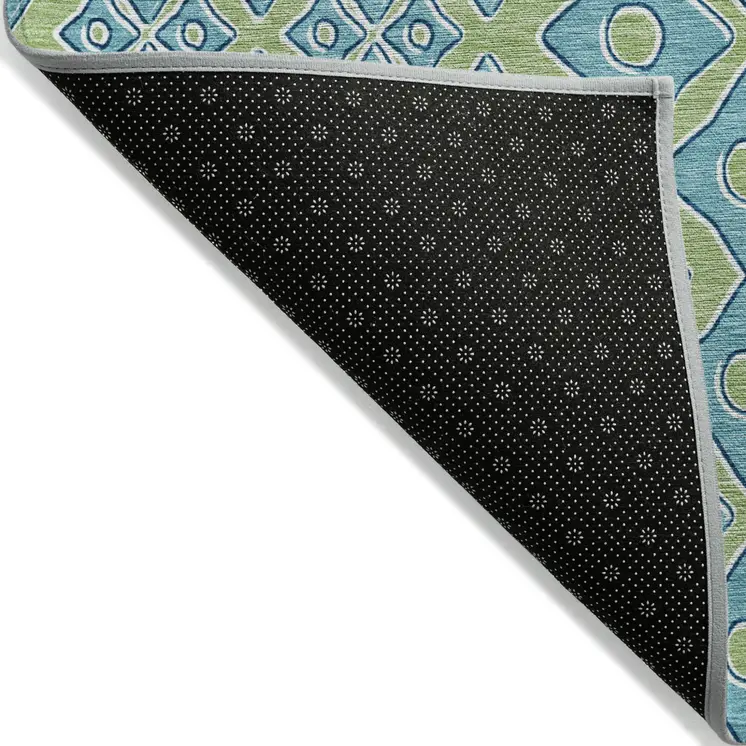 9' X 12' Artichoke Green And Aqua Geometric Washable Indoor Outdoor Area Rug