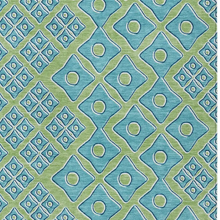 9' X 12' Artichoke Green And Aqua Geometric Washable Indoor Outdoor Area Rug