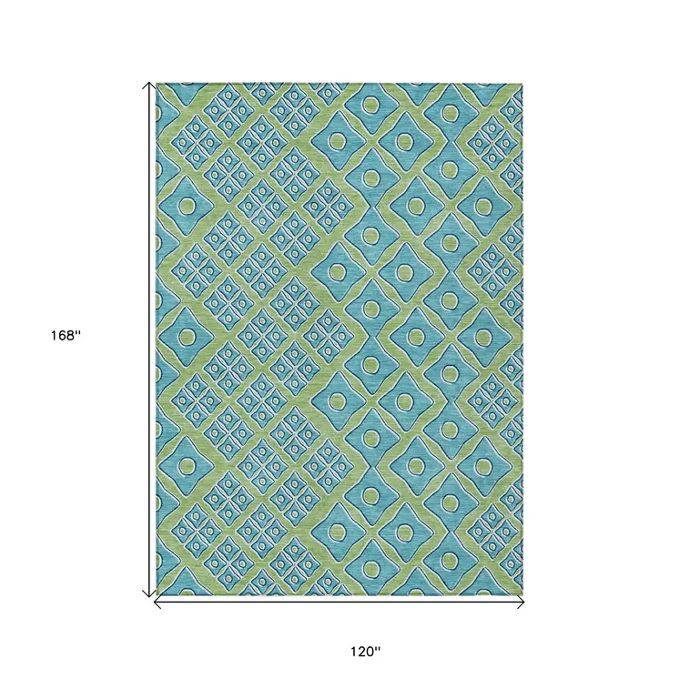 10' X 14' Artichoke Green And Aqua Geometric Washable Indoor Outdoor Area Rug