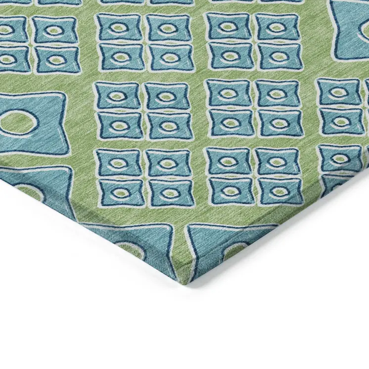 10' X 14' Artichoke Green And Aqua Geometric Washable Indoor Outdoor Area Rug