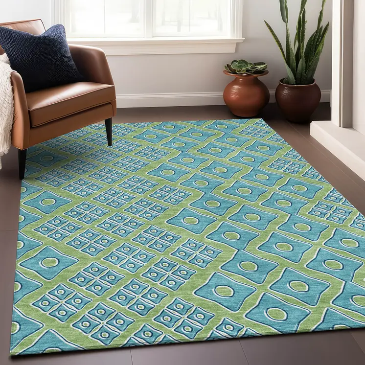 10' X 14' Artichoke Green And Aqua Geometric Washable Indoor Outdoor Area Rug