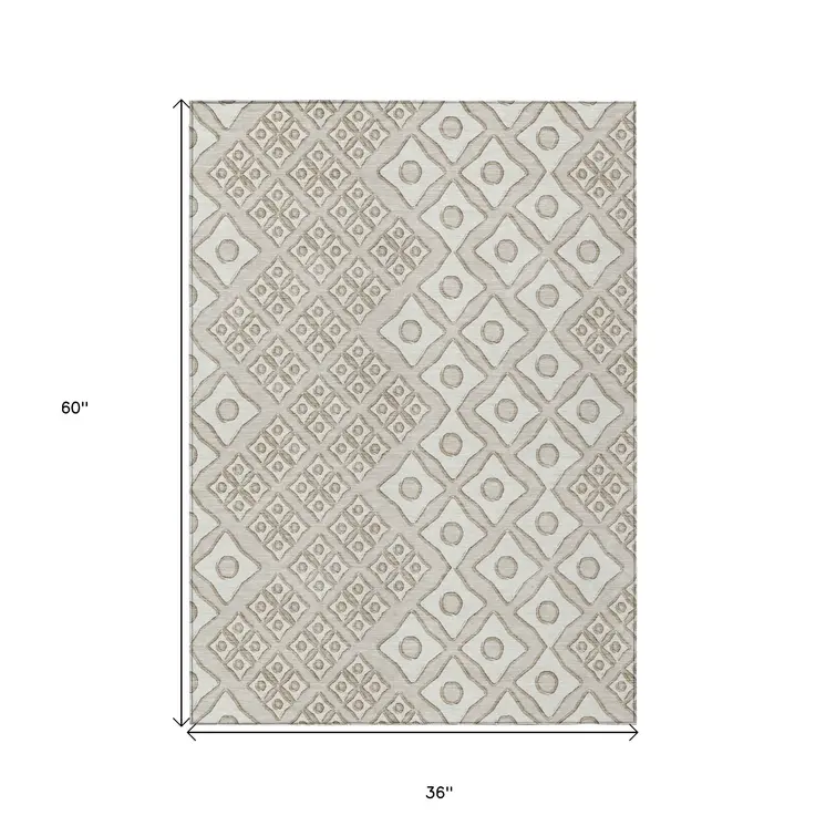 3' X 5' Beige And Ivory Geometric Washable Indoor Outdoor Area Rug