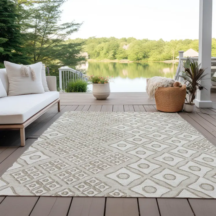 5' X 8' Beige And Ivory Geometric Washable Indoor Outdoor Area Rug