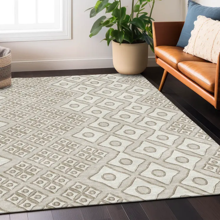 5' X 8' Beige And Ivory Geometric Washable Indoor Outdoor Area Rug
