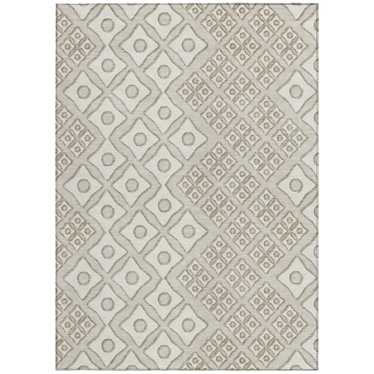 10' X 14' Beige And Ivory Geometric Washable Indoor Outdoor Area Rug
