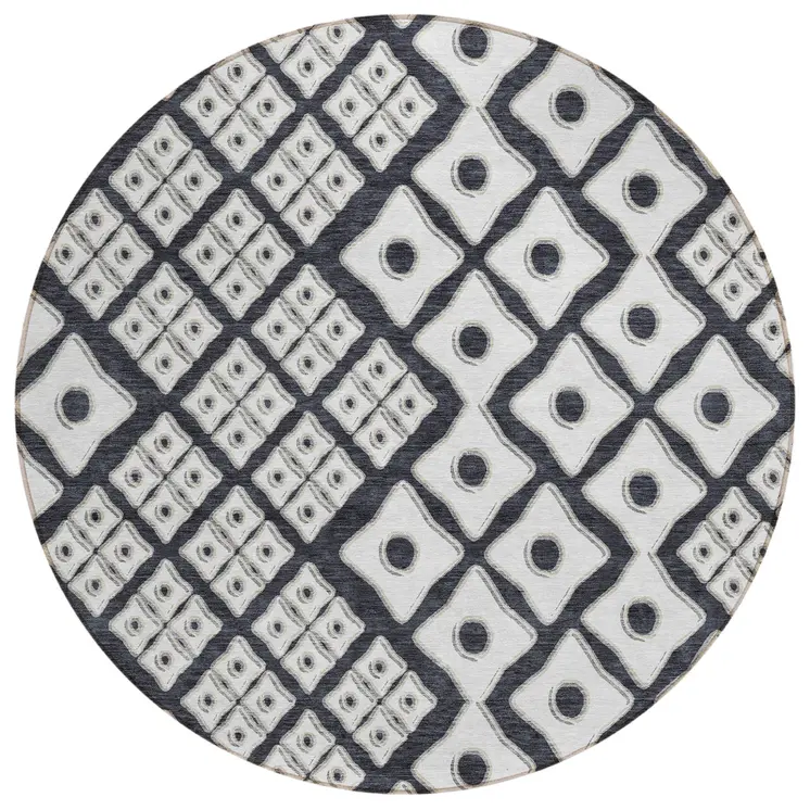 8' Black And Ivory Round Geometric Washable Indoor Outdoor Area Rug