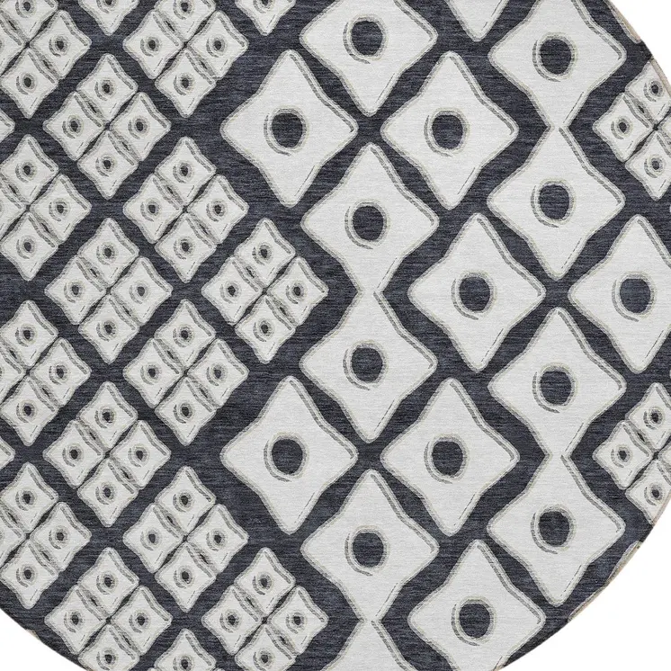 8' Black And Ivory Round Geometric Washable Indoor Outdoor Area Rug