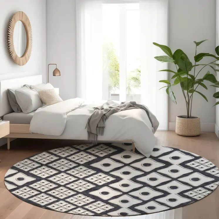 8' Black And Ivory Round Geometric Washable Indoor Outdoor Area Rug