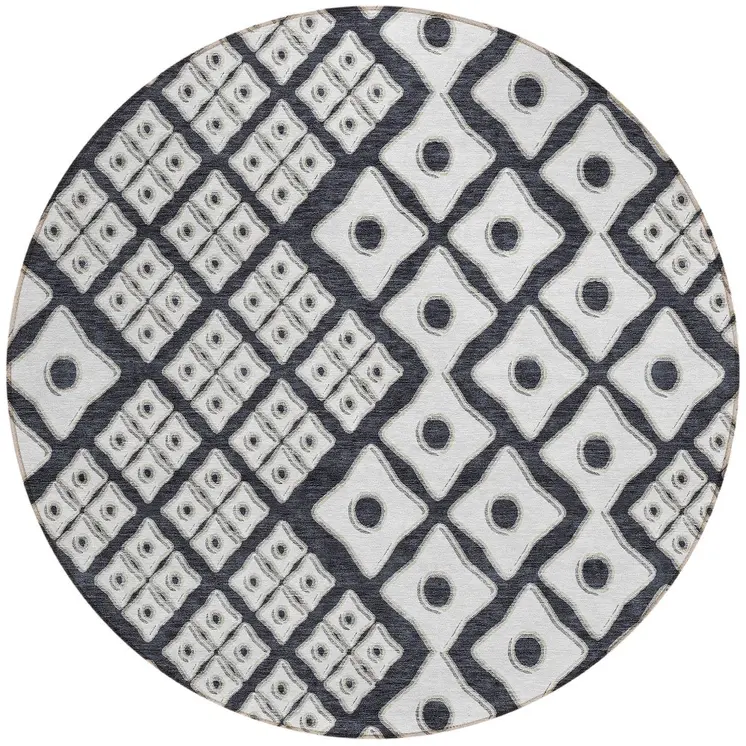 8' Black And Ivory Round Geometric Washable Indoor Outdoor Area Rug