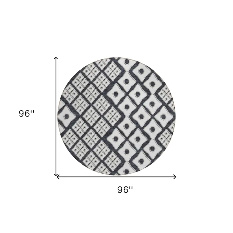 8' Black And Ivory Round Geometric Washable Indoor Outdoor Area Rug