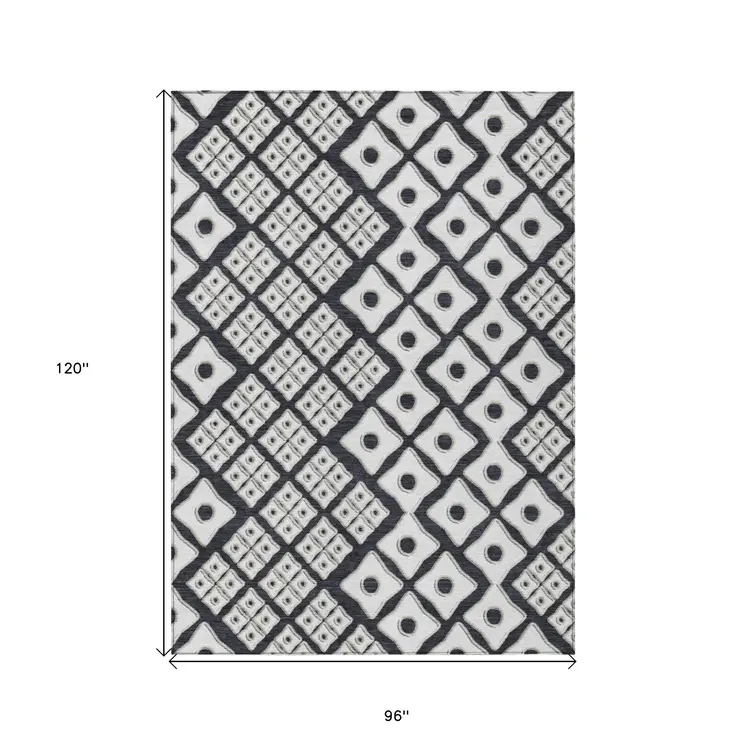 8' X 10' Black And Ivory Geometric Washable Indoor Outdoor Area Rug