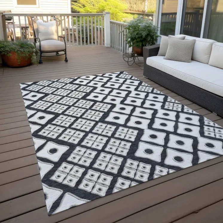 8' X 10' Black And Ivory Geometric Washable Indoor Outdoor Area Rug