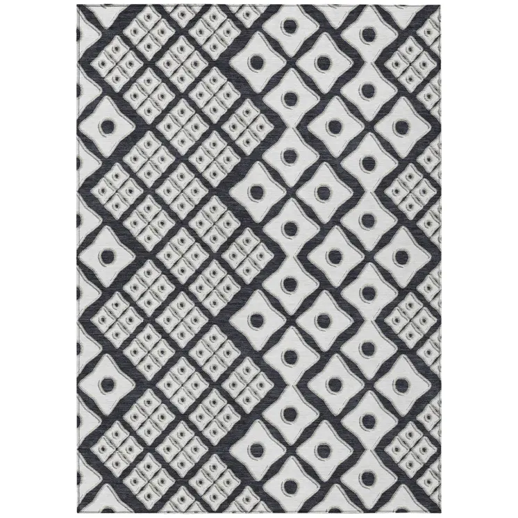 8' X 10' Black And Ivory Geometric Washable Indoor Outdoor Area Rug