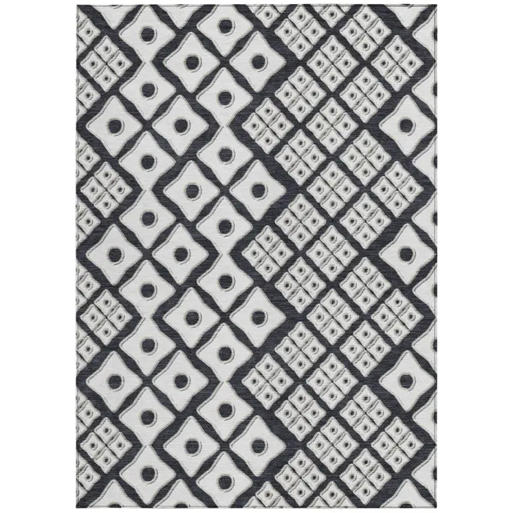 8' X 10' Black And Ivory Geometric Washable Indoor Outdoor Area Rug