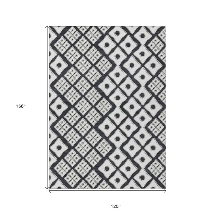 10' X 14' Black And Ivory Geometric Washable Indoor Outdoor Area Rug
