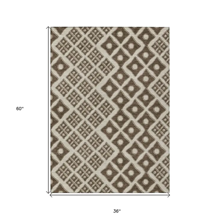 3' X 5' Brown And Beige Geometric Washable Indoor Outdoor Area Rug