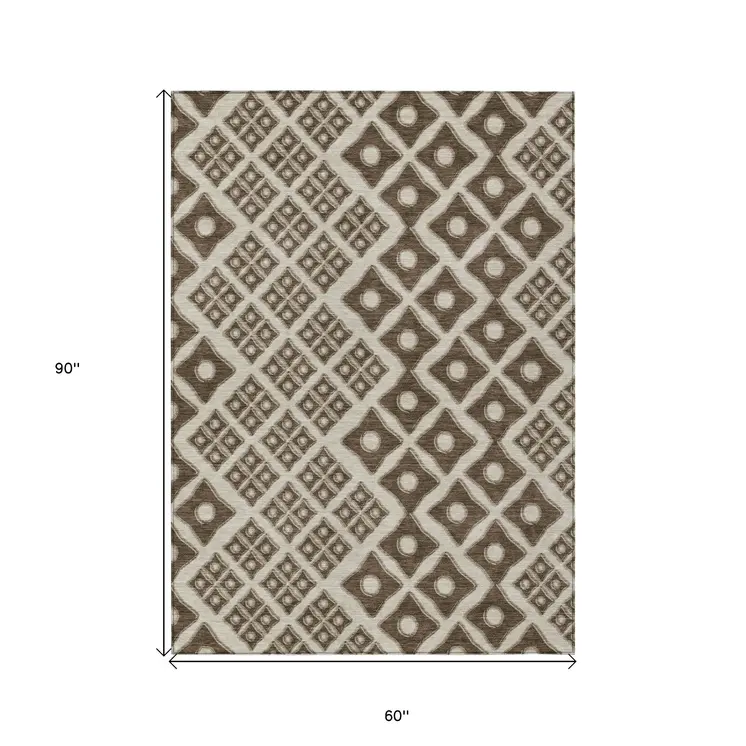 5' X 8' Brown And Beige Geometric Washable Indoor Outdoor Area Rug