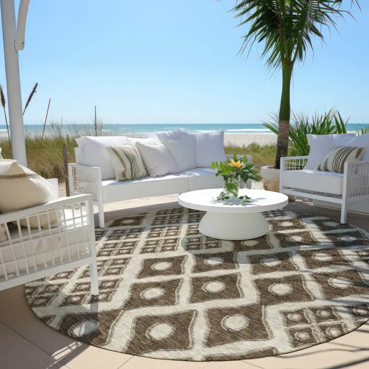 8' Brown And Beige Round Geometric Washable Indoor Outdoor Area Rug